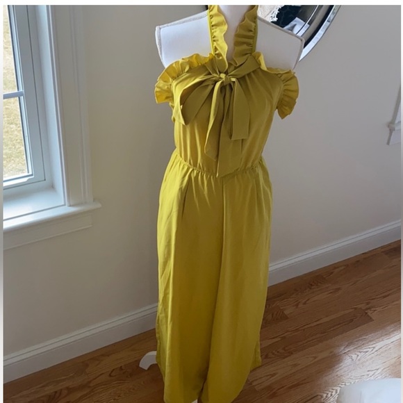voila Pants - VOILA Mustard Yellow Ruffle Open Back Halter Neck Jumpsuit